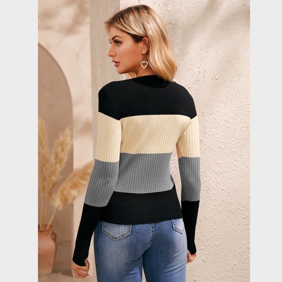 Rib-Knit Color Block Sweater Top Shirt - Picture 3 of 7